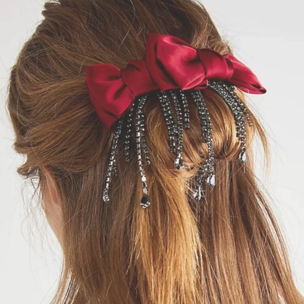 Free People NWOT Red Bow Black Rhinestone Dangle Charm Hair Clip Barrette